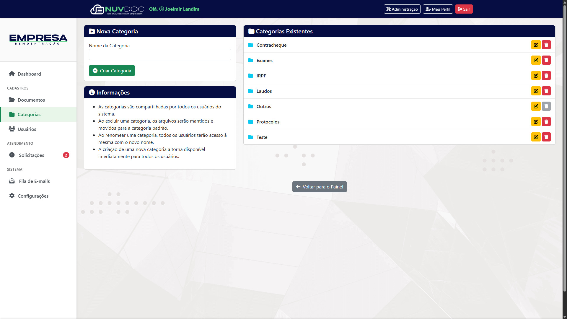 Sistema de categorias do NuvDoc - Organização inteligente de documentos