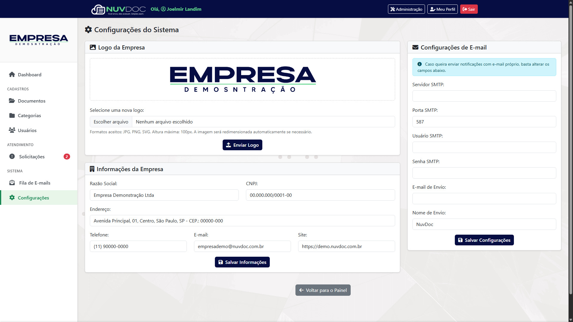 Configurações do NuvDoc - Painel de administração
