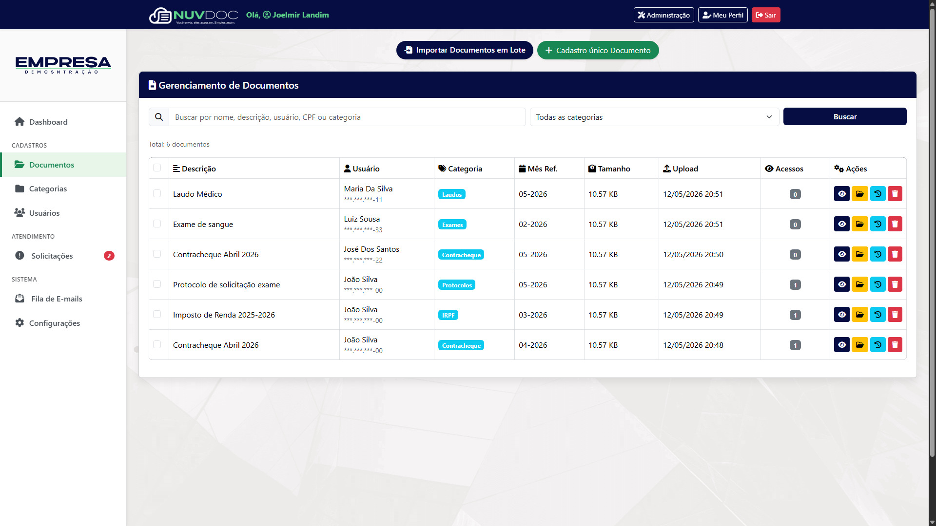 Tela de gestão de documentos NuvDoc - Upload e organização de arquivos