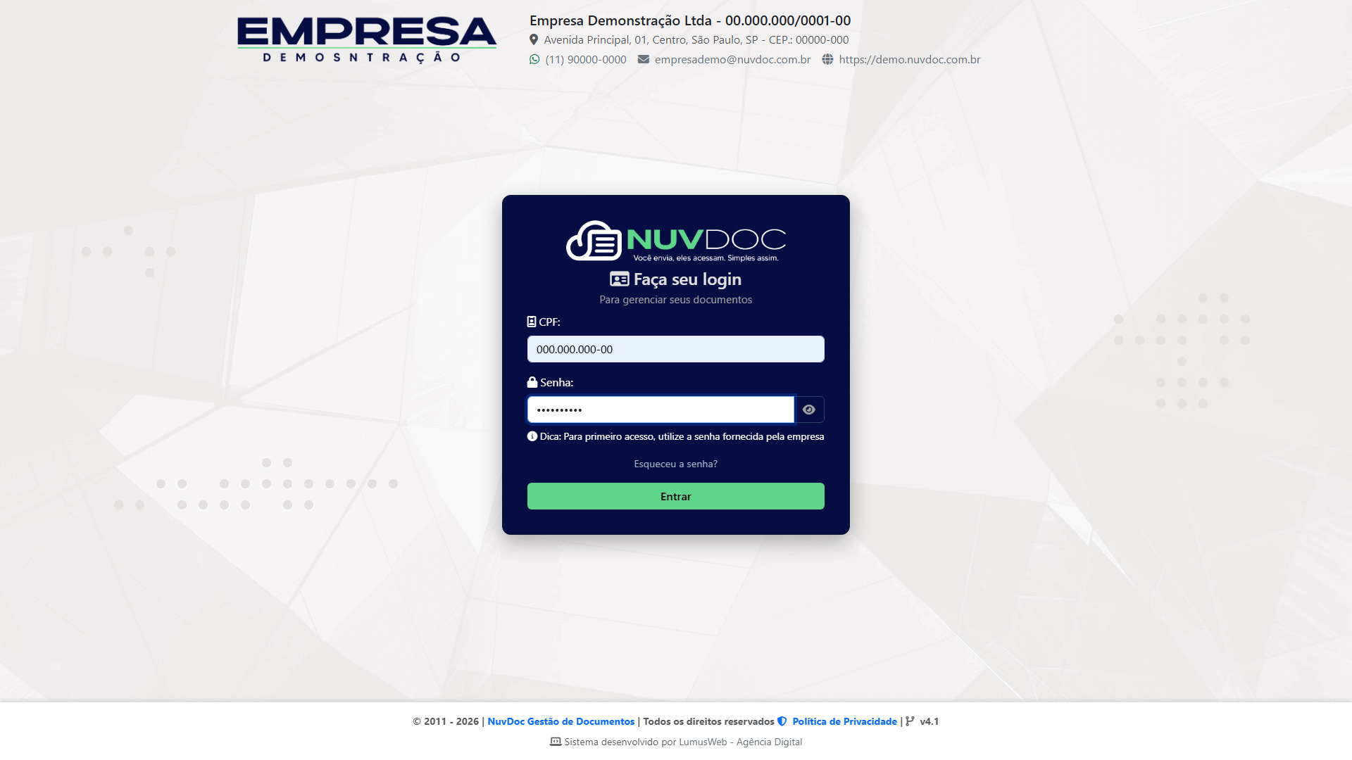 Tela de login do usuário NuvDoc